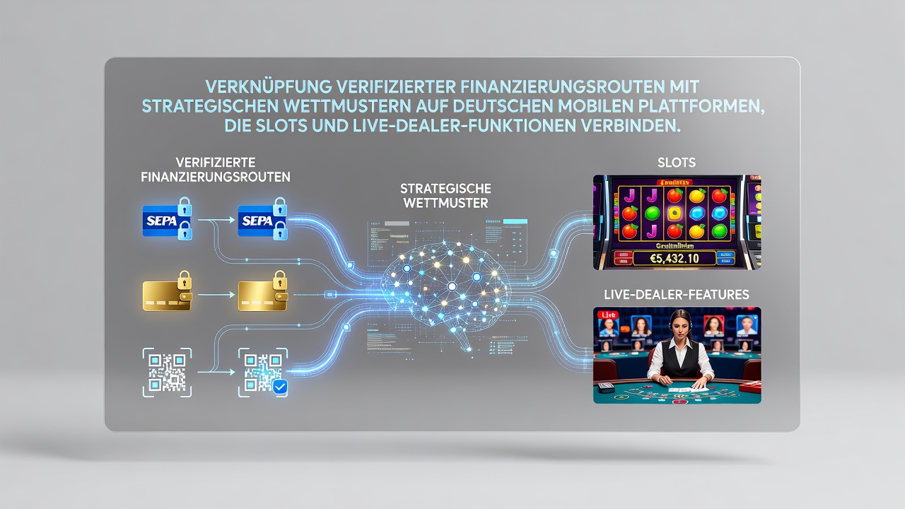 Darstellung einer deutschen Mobilplattform mit verifizierten Zahlungsoptionen und hybriden Slot-Live-Dealer-Spielen