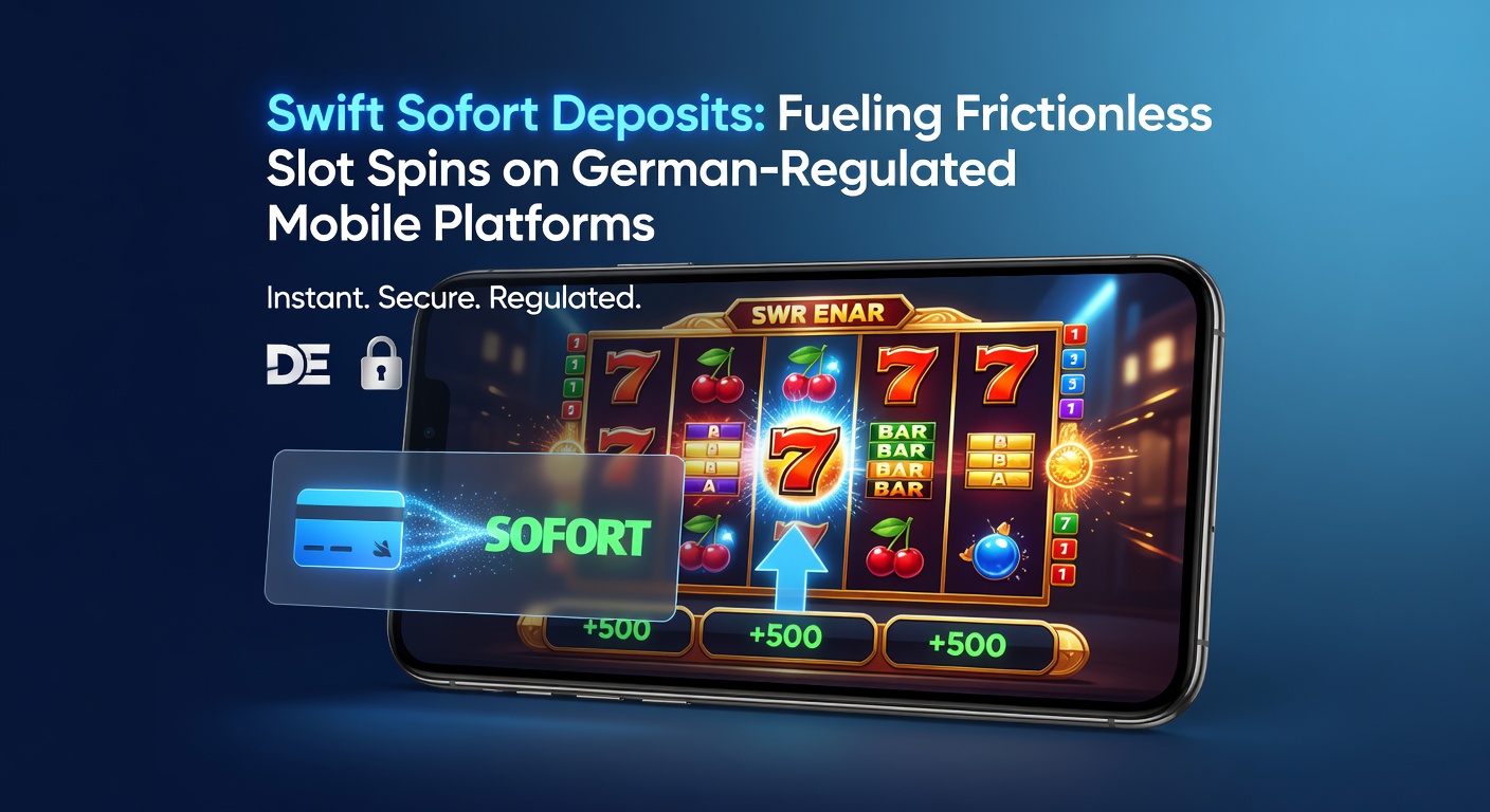 Grafik mit Pfeilen, die eine Sofort-Einzahlung von Bank zu Slot-Automat auf einem Handy zeigen, inklusive GGL-Siegel für Regulierung